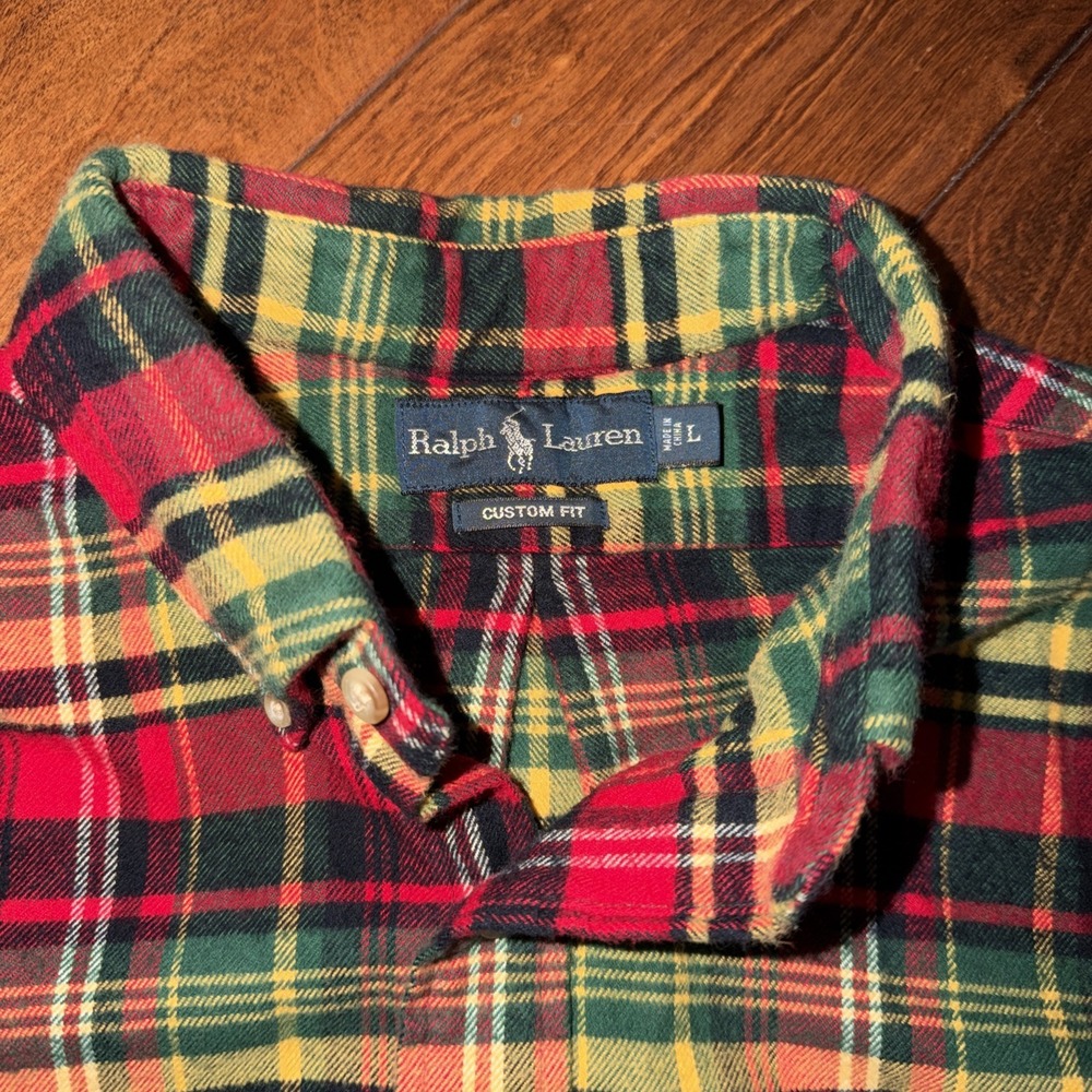 VINTAGE Polo Ralph Lauren Shirt Mens Large Red Green Plaid Heavy Flannel - Picture 2 of 5